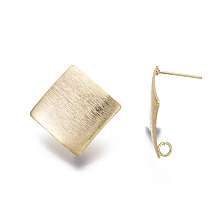 Honeyhandy Brass Stud Earring Findings, with Loop, Nickel Free, Textured, Square, Real 18K Gold Plated, 25x25mm, Hole: 2mm, Pin: 0.7mm