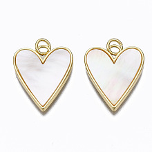 Honeyhandy Brass Pendants, with Shell and Jump Rings, Nickel Free, Heart, Real 16K Gold Plated, 21x17.5x2mm, Hole: 3mm