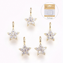 Honeyhandy Brass Micro Pave Cubic Zirconia Charms, Nickel Free, Star, Clear, Real 18K Gold Plated, 8x5x1.5mm, Hole: 1.8mm