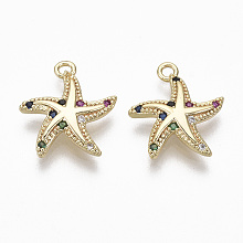 Honeyhandy Brass Micro Pave Cubic Zirconia Charms, Nickel Free, Starfish, Real 18K Gold Plated, Colorful, 14.5x13x3mm, Hole: 1.4mm