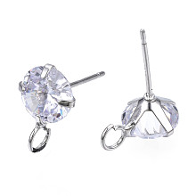 Honeyhandy Brass Micro Clear Cubic Zirconia Stud Earring Findings, with Loop and 925 Sterling Silver Pins, Nickel Free, Real Platinum Plated, 12x8mm, Hole: 2mm, Pin: 0.7mm