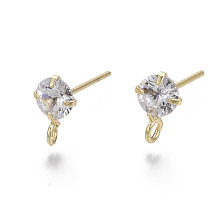 Honeyhandy Brass Micro Clear Cubic Zirconia Stud Earring Findings, with Loop and 925 Sterling Silver Pins, Nickel Free, Real 18K Gold Plated, 8.5x5.5mm, Hole: 1.5mm, Pin: 0.7mm