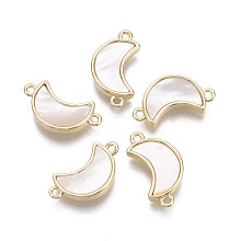 Honeyhandy Brass Links, with Freshwater Shell, Nickel Free, Moon, Real 18k Gold Plated, Seashell Color, 18~19x10x3mm, Hole: 1.2mm