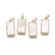 Honeyhandy Brass Pendants, with Freshwater Shell, Nickel Free, Real 18k Gold Plated, Rectangle, Seashell Color, 18x9x3mm, Hole: 2x4mm