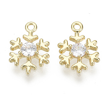 Honeyhandy Brass Micro Pave Clear Cubic Zirconia Charms, for Christmas, Nickel Free, Snowflake, Real 18K Gold Plated, 12x8x2mm, Hole: 1.2mm