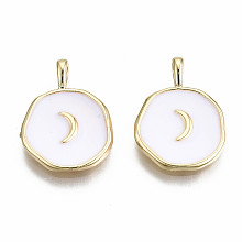 Honeyhandy Brass Enamel Pendants, Real 18K Gold Plated, Nickel Free, Flat Round with Moon, White, 17.5x13x3mm, Hole: 3x2mm