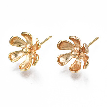 Honeyhandy Brass Earring Findings, with 925 Sterling Silver Pins, Nickel Free, Flower, Real 18K Gold Plated, 12x11mm, Hole: 1mm, Pin: 0.7mm