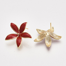 Honeyhandy Brass Enamel Stud Earring Findings, with 925 Sterling Silver Pins and Loop, Real 18K Gold Plated, Nickel Free, Flower, Red, 22.5x24mm, Hole: 1.2mm, Pin: 0.8mm