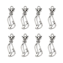 Honeyhandy Tibetan Style Alloy Kitten Pendants, Hollow, Cat Shape, Antique Silver, Cadmium Free & Nickel Free & Lead Free, 34x12x2mm, Hole: 3mm