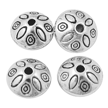 Honeyhandy Antique Silver Plated Rondelle with Flower Shape Spacer Beads, Lead Free & Nickel Free & Cadmium Free, about 9mm long, 9mm wide, 6mm thick, hole: 1.5mm