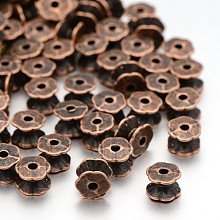 Honeyhandy Tibetan Style Double Sided Bead Caps, Lead Free & Cadmium Free & Nickel Free, Red Copper Color, about 5mm long, 7mm wide, hole: 2mm