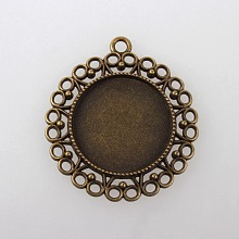 Honeyhandy Vintage Tibetan Style Alloy Flower Pendant Cabochon Bezel Settings, Cadmium Free & Nickel Free & Lead Free, Antique Bronze, Flat Round Tray: 25mm, 43x39x3mm, Hole: 3mm