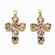 Honeyhandy Brass Micro Pave Cubic Zirconia Pendants, Real 16K Gold Plated, Nickel free, Cross, Colorful, 27x18.5x4mm, Hole: 2.5x5mm