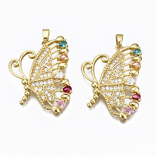 ARRICRAFT Brass Micro Pave Cubic Zirconia Pendants, Nickel free, Butterfly, Real 16K Gold Plated, 35x26x5mm, Hole: 3x5mm