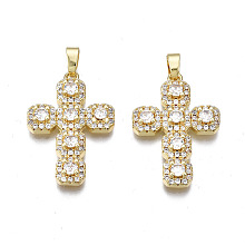 Honeyhandy Brass Micro Pave Cubic Zirconia Pendants, Real 16K Gold Plated, Nickel free, Cross, Clear, 27x18.5x4mm, Hole: 2.5x5mm