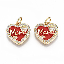 Honeyhandy Real 16K Gold Plated Brass Micro Pave Clear Cubic Zirconia Charms, with Jump Rings and Enamel, for Mother's Day, Nickel Free, Heart with Word MaMa, Red, 14.5x14x2mm, Jump Ring: 5x0.8mm, 3.4mm inner diameter