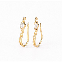 Honeyhandy Brass Micro Pave Clear Cubic Zirconia Earring Hooks, with Horizontal Loop, Real 18K Gold Plated, 17x2.5mm, Hole: 1.2mm, Pin: 0.7mm