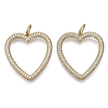 Honeyhandy Brass Micro Pave Cubic Zirconia Pendants, with Jump Ring, Heart, Nickel Free, Real 16K Gold Plated, Clear,  31x29x3mm, Hole: 5mm