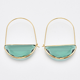 Honeyhandy Brass Hoop Earrings, with Glass, Nickel Free, Real 18K Gold Plated, Faceted, Half Round, Light Sea Green, 44mm, Pin: 0.8mm