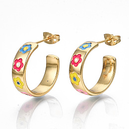 Honeyhandy Brass Enamel Stud Earrings, Half Hoop Earrings, with Ear Nuts, Nickel Free, Ring with Flower, Real 16K Gold Plated, Colorful, 20x6mm, Pin: 0.8mm