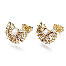 Honeyhandy Brass Micro Pave Cubic Zirconia Stud Earrings, with ABS Plastic Imitation Pearl and Ear Nuts, Nickel Free, Fan, Creamy White, Real 16K Gold Plated, 10x13.5mm, Pin: 0.8mm