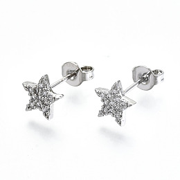 Honeyhandy Brass Micro Pave Clear Cubic Zirconia Stud Earrings, with Ear Nuts, Nickel Free, Star, Platinum, 7.5x8mm, Pin: 0.8mm