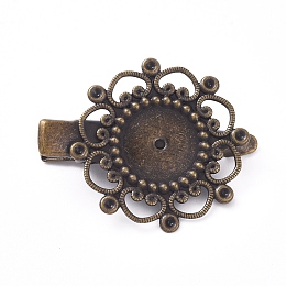 Honeyhandy Hair Accessories Iron Alligator Hair Clip Findings, with Brass Filigree Flower Cabochon Bezel Settings, Antique Bronze, Tray: 12mm, 34.5mm, Flower: 28mm