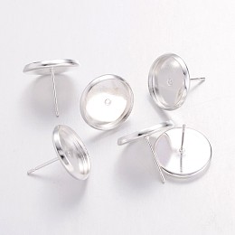 Honeyhandy Brass Ear Studs Settings, Nickel Free, Silver Color Plated, Tray: 12mm, 12mm, Pin: 0.7mm