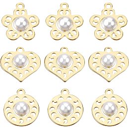 BENECREAT 18Pcs 18K Gold Plated Flower Charms with Imitation Pearl Heart Sun Shape Brass Charms for Craft and Jewelry Making Supplies