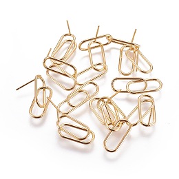 Honeyhandy Brass Stud Earring Components, Nickel Free, Oval, Real 18K Gold Plated, 31x7.5mm, Pin: 0.6mm