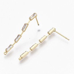 Honeyhandy Brass Clear Cubic Zirconia Stud Earring Findings, for Half Drilled Beads, with Loop, Nickel Free, Real 18K Gold Plated, Rectangle, Real 18K Gold Plated, 32.5x2mm, Hole: 1.2mm, Pin: 0.7mm