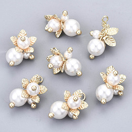 Honeyhandy ABS Plastic Imitation Pearl Pendants, with Real 18K Gold Plated Brass Findings, Flower, Creamy White, 21x14x2mm, Hole: 2mm