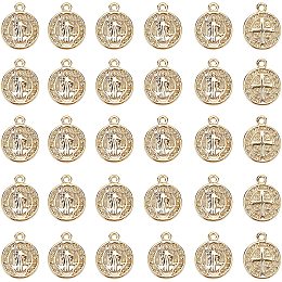 NBEADS 30 Pcs Flat Round Pendants, Brass Pendants Beads with Saint Benedict Medal Real 18K Gold Plated Beads for Necklace Earring Bracelet Jewelry Making, Hole: 1mm