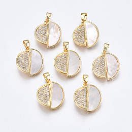 Honeyhandy Brass Micro Pave Clear Cubic Zirconia Pendants, with White Sea Shell, Nickel Free, Cross Half Round, Real 18K Gold Plated, 17x15x2mm, Hole: 2x4mm