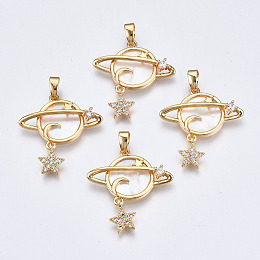 Honeyhandy Brass Micro Pave Clear Cubic Zirconia Pendants, with White Sea Shell, Nickel Free, Planet with Star, Real 18K Gold Plated, 24x22x4.5mm, Hole: 2.5x4.5mm, Planet: 16x22x4.5mm, Star: 9x7x1.5mm