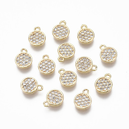 Honeyhandy Brass Micro Pave Clear Cubic Zirconia Charms, Nickel Free, Flat Round, Real 18K Gold Plated, 8.5x6.5x1.5mm, Hole: 0.9mm