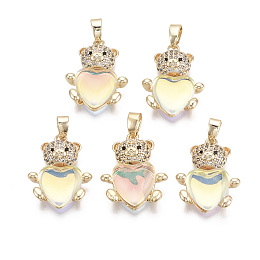 Honeyhandy Brass Cubic Zirconia Pendants,  with Glass and Brass Snap on Bails, Nickel Free, Real 18k Gold Plated, AB Color Plated, Bear, Clear AB, 18x15x5mm, Hole: 2x4mm