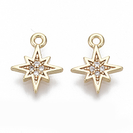 Honeyhandy Brass Micro Pave Cubic Zirconia Charms, Nickel Free, Eight Pointed Star, Clear, Real 18K Gold Plated, 11x9x1mm, Hole: 1mm