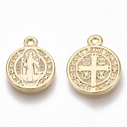 Honeyhandy Brass Charms, for Religion, Nickel Free, Flat Round with Saint Benedict Medal, Real 18K Gold Plated, 13x10.5x1.5mm, Hole: 1mm