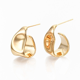 Honeyhandy Brass Half Hoop Earrings, Stud Earrings, Nickel Free, Hammered, Real 18K Gold Plated, 19x11mm, Pin: 0.7mm