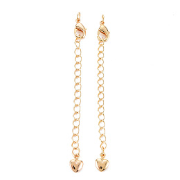 Honeyhandy Brass Chain Extender, with Curb Chains and Heart Charms & Lobster Claw Clasps, Nickel Free, Real 18K Gold Plated, 67mm, Clasp: 9.5x5x2.5mm