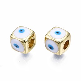 Honeyhandy Brass European Beads, with Enamel, Large Hole Beads, Real 18K Gold Plated, Nickel Free, Cube with Evil Eye, White, 9x10x10mm, Hole: 4mm