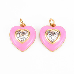 Honeyhandy Brass Enamel Pendants, with Clear Cubic Zirconia and Jump Ring, Nickel Free, Real 16K Gold Plated, Heart, Pearl Pink, 17.5x15.5x4.5mm, Hole: 3.5mm