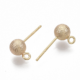 Honeyhandy Brass Ball Stud Earring Findings, Nickel Free, with Loop, Real Gold Plated, Textured, Real 18K Gold Plated, 14.5~16.5x5~5.5mm, Hole: 1.2mm, Pin: 0.8mm