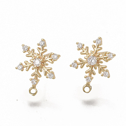 Honeyhandy Christmas Theme, Brass Cubic Zirconia Stud Earring Findings, with Loop, Snowflake, Nickel Free, Real 18K Gold Plated, 15x11mm, Hole: 1mm, Pin: 0.9mm