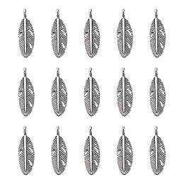 Honeyhandy Tibetan Style Alloy Pendants, Lead Free & Cadmium Free & Nickel Free, Feather, Antique Silver, about 9mm wide, 30mm high, 2mm thick, hole: 2mm