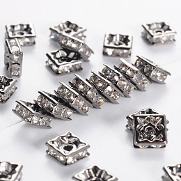 Honeyhandy Brass Rhinestone Spacer Beads, Grade A, Nickel Free, Gunmetal, Square, Crystal, 6x6x3mm, Hole: 1mm