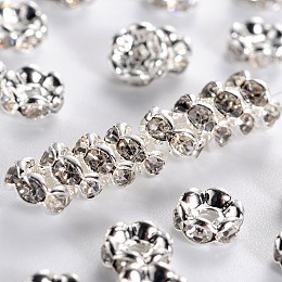 Honeyhandy Brass Rhinestone Spacer Beads, Grade AAA, Wavy Edge, Nickel Free, Silver Color Plated, Rondelle, Crystal, 5x2.5mm, Hole: 1mm