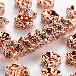 Honeyhandy Brass Rhinestone Spacer Beads, Grade AAA, Wavy Edge, Nickel Free, Rose Gold Metal Color, Rondelle, Crystal, 6x3mm, Hole: 1mm