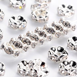 Honeyhandy Brass Rhinestone Spacer Beads, Grade AAA, Wavy Edge, Nickel Free, Silver Color Plated, Rondelle, Crystal, 8x3.8mm, Hole: 1.5mm